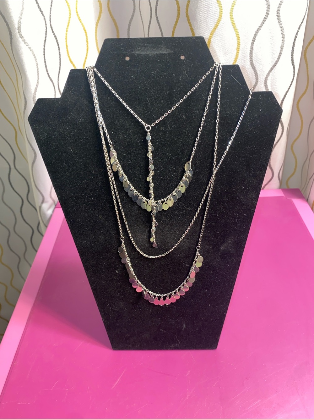 New York & Company Silver Multi Strand Layered Necklace Reflective Disc Boho